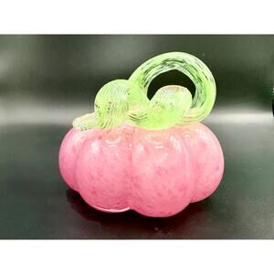Hand Blown Art Glass Pumpkin – Pink & Green Fall Decor, 3.5” Tall